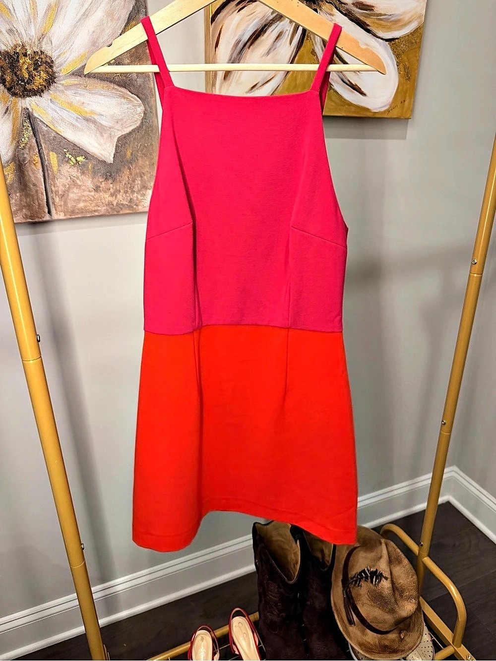 French Connection 213-URFUS Color Block Midi Dress in Pink & Red Size 10 Like